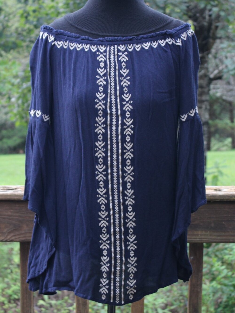 Off the Shoulder Peasant Top - Embroidered Detail - Bell-Sleeves Cecico Size Med